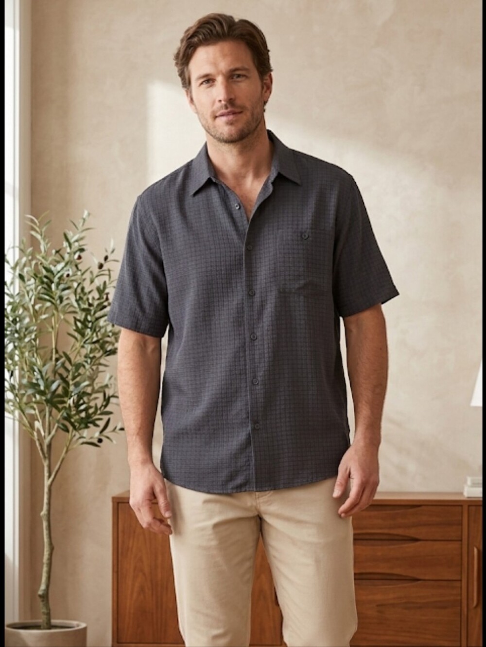 Henry Grethel silk shirt XL Charcoal Grey geometric